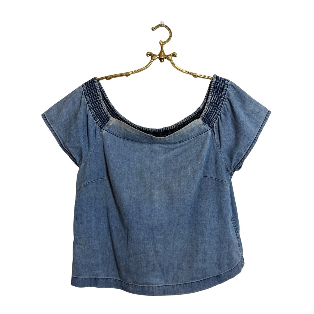 Wilfred Free Women's Denim Smocked Off Shoulder Top, Light Blue, Size‎ L